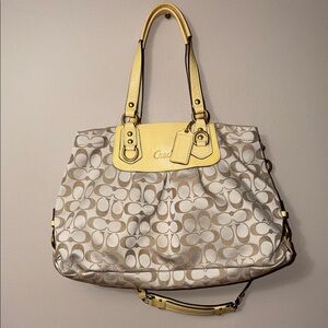 Coach Bag Ashley Signature Jacquard Patent Leather Top Handle Beige Yellow Gold